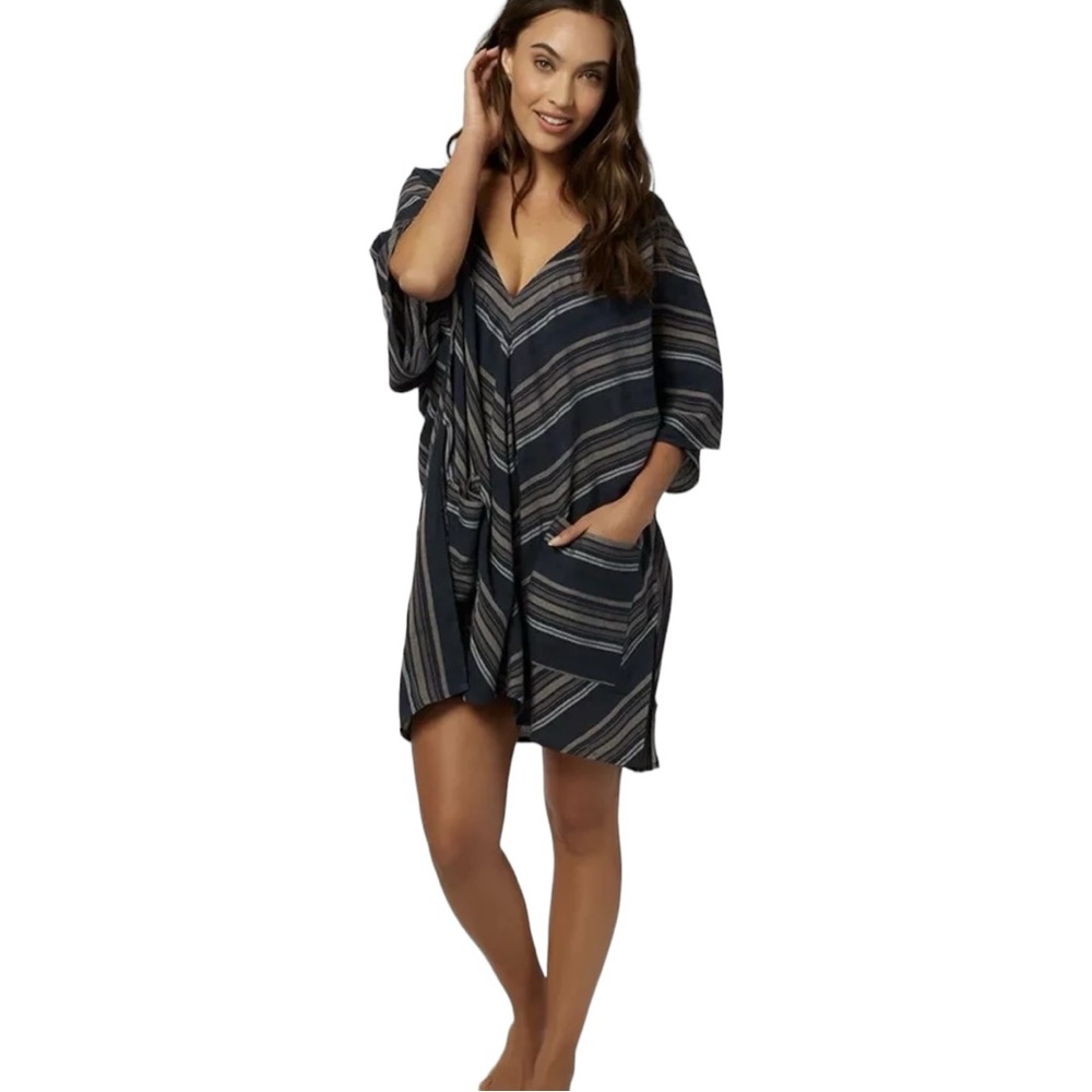 O'NEILL Cover Up Dress Black Brown Striped Hooded V-Neck Beach Pockets XS/S EUC - Picture 2 of 14